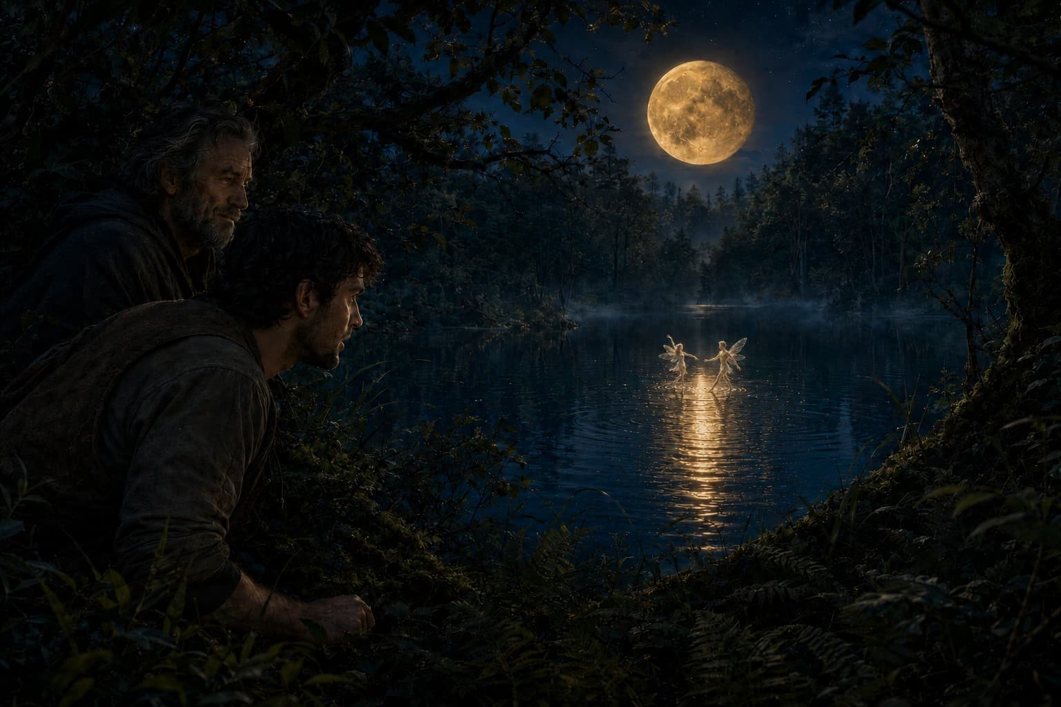 Two small fairies dancing across a moonlit pond while Arden and Magnus watch from the trees