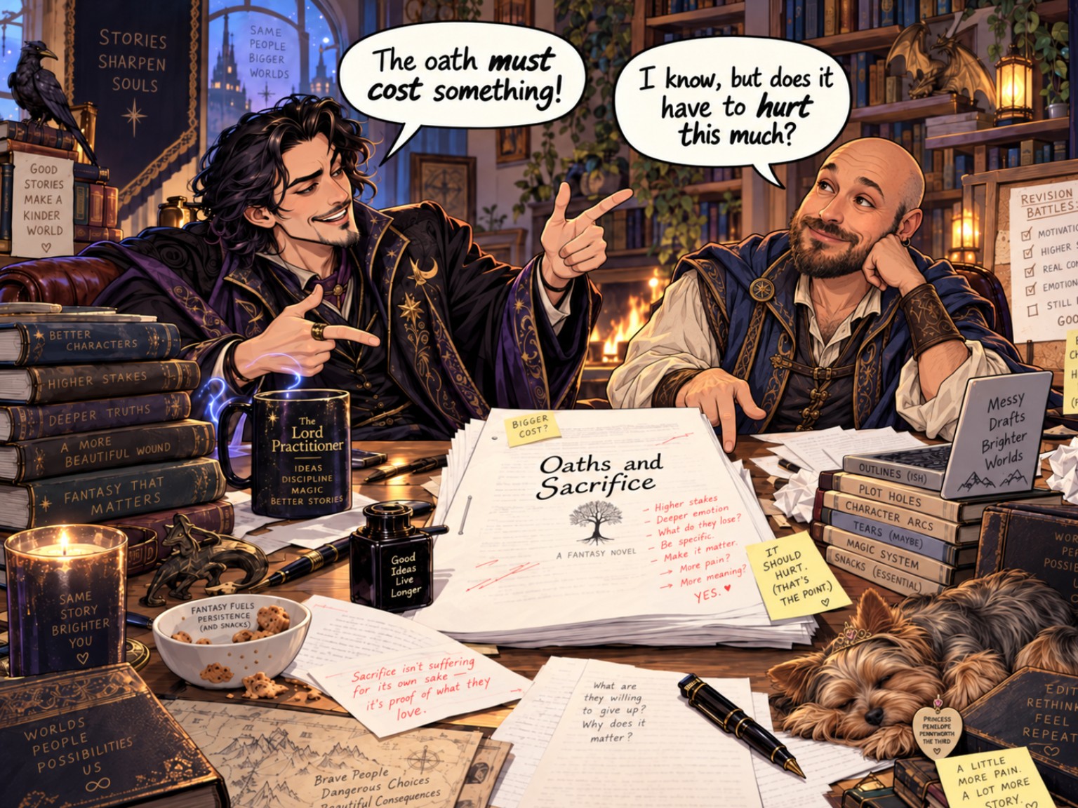 Comic illustration of Alexander Dean and the Lord Practitioner arguing over Oaths and Sacrifice while Princess Penelope Pennyworth the Third sleeps on the desk